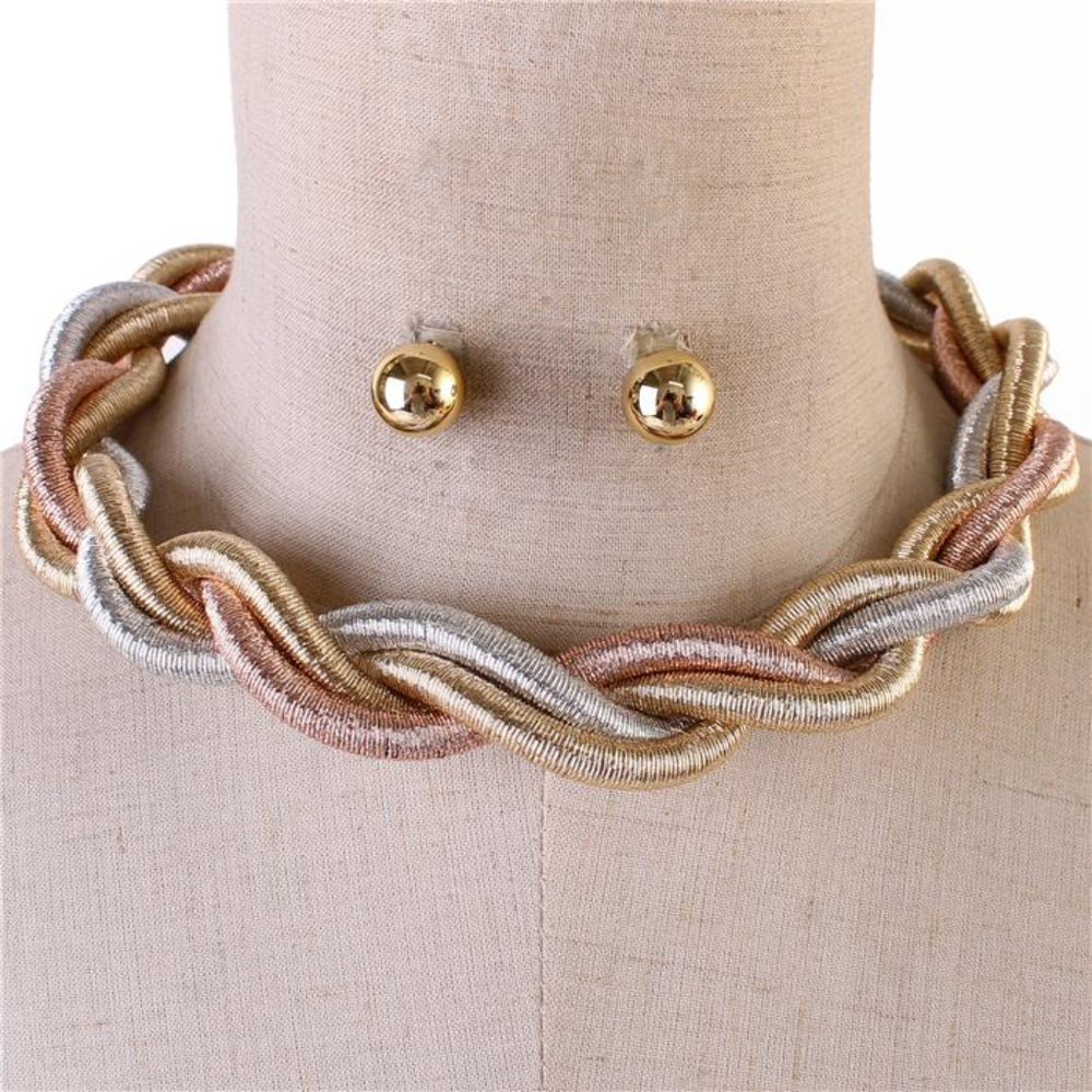 Tri Tone Braided Cord Necklace Earring Set